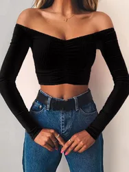 Women's Off - Shoulder Long Sleeve Tee - Chic Autumn Fashion - S (Black)