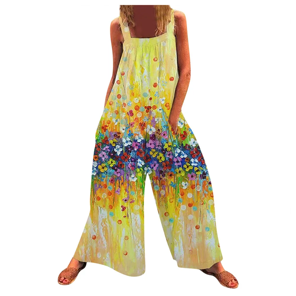 Women's Jumpsuit Summer New Casual Fashion Sleeveless Square Neck Printed Loose Fitting Long Strap Wide Leg Pants