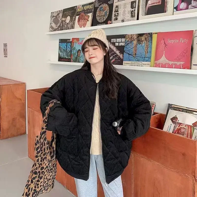 Women Thick Jackets V-neck Puffer Corduroy Parkas High-Quality Warm Vintage Wild Coats New 2023 Autumn Winter Female Overcoat