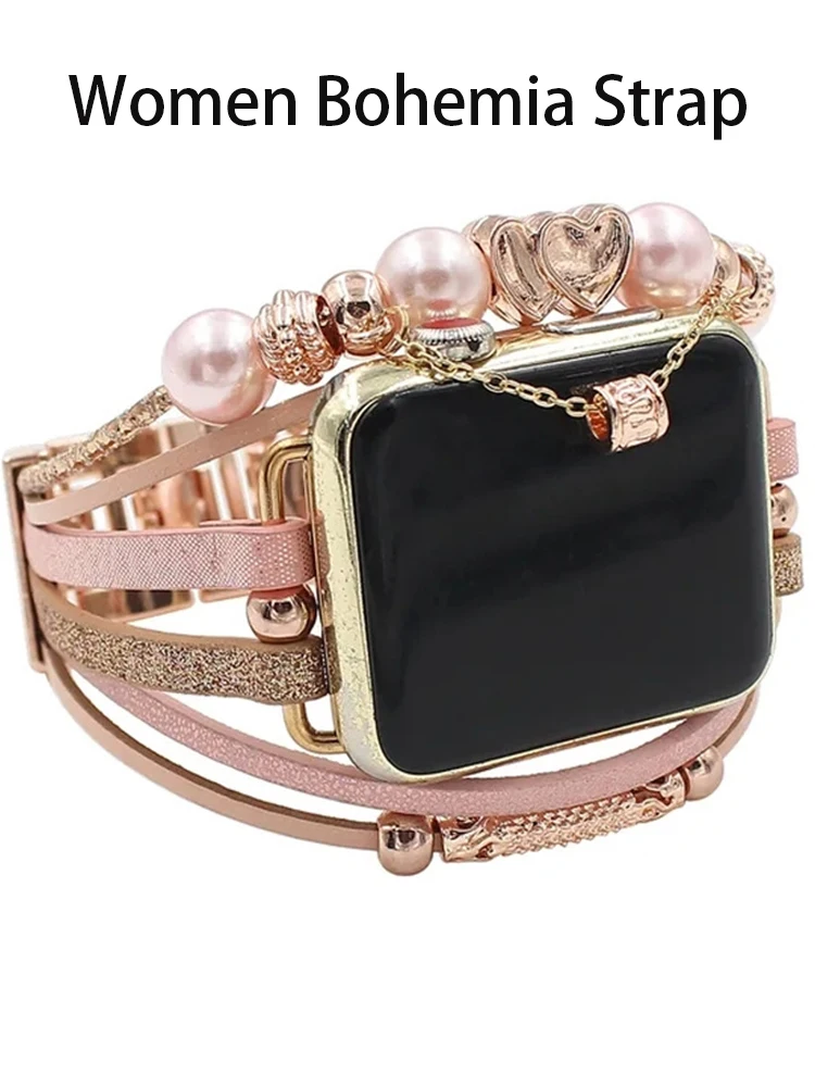 

Luxury Leather Strap For Apple Watch ultra 2 series 9 7 8 band 41mm/45mm 42 40 44mm 49mm Women Bohemia bracelet iwatch 6 SE 5 4