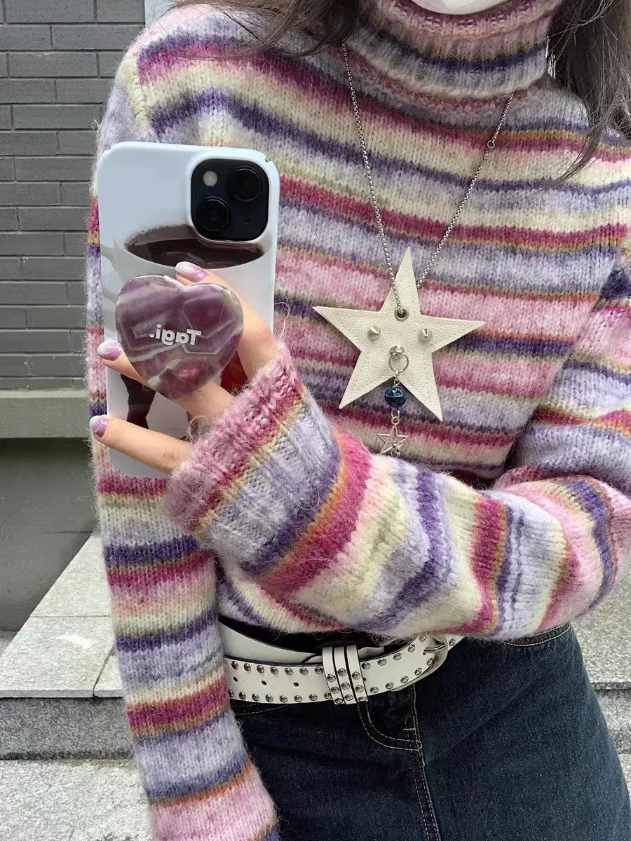 Karrram Japanese Y2k Turtleneck Sweater Vintage Rainbow Striped Pullover Korean Fashion Knitted Jumper Harajuku Grunge Knitwear