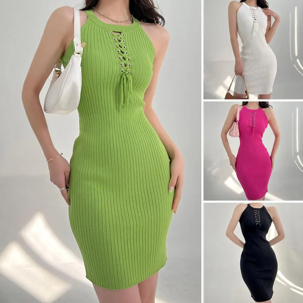

Women Solid Color Dress Stylish Summer Women's Dress Halter Neck Lace-up Strap Off Shoulder Knitted High Elasticity For Shopping