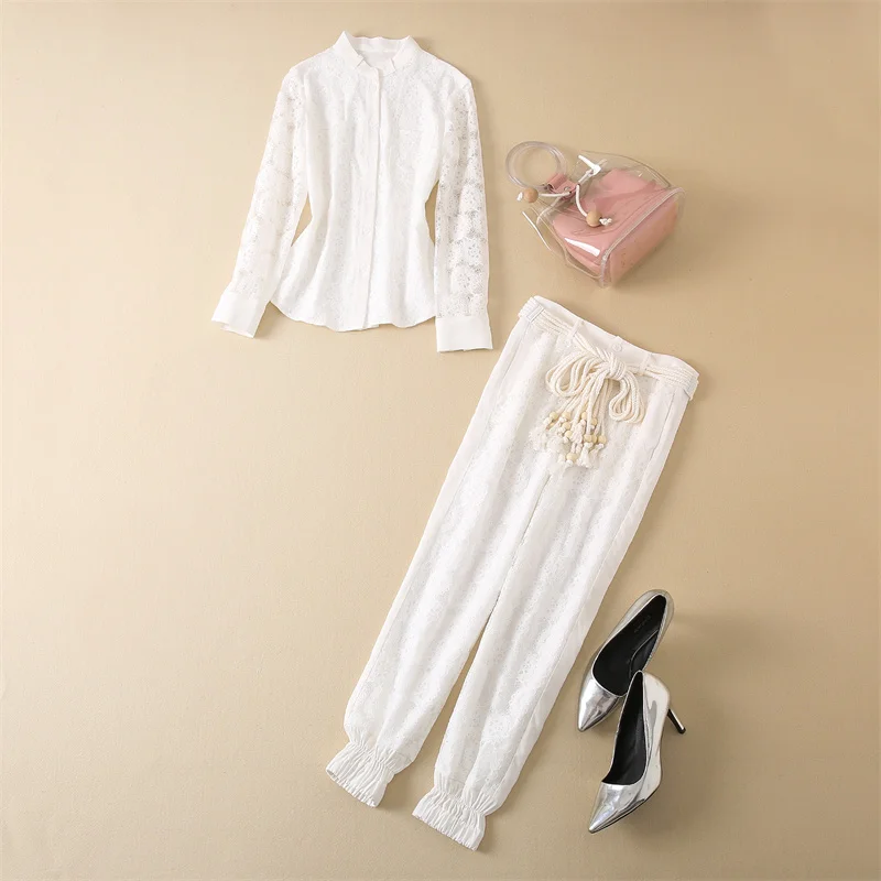 

High Quality Designer Clothing Sets 2022 Autumn 2 Piece Sets Women Pocket Deco Lace Long Sleeve Shirts+Belt Pants & Capris Set