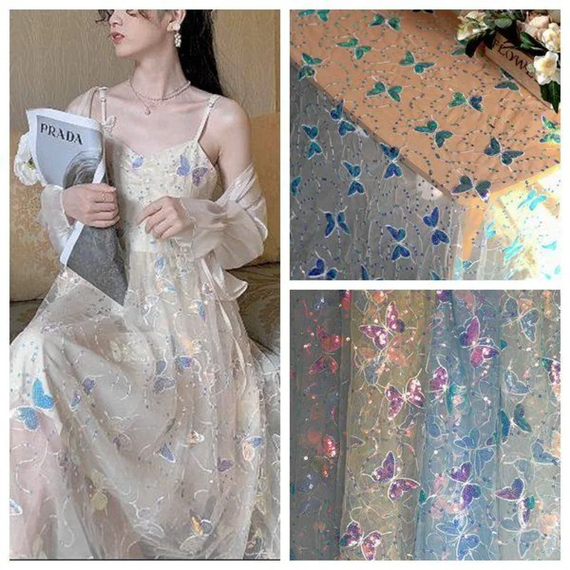 1.5M 폭, 새로운 절묘한 스팽글 나비 자수 레이스 패브릭 메쉬 수제 DIY 웨딩 드레스, 의류 장식 재료