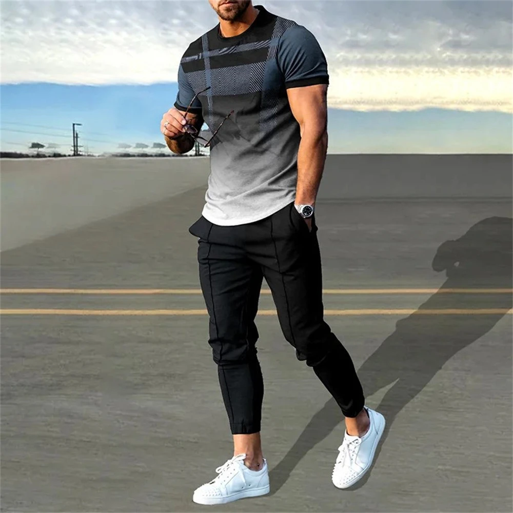 Men's Clothing Men Suit Tracksuit 2 Piece Sets Jogger Outfit 3D Printed Summer Trousers Short Sleeve Men T Shirt Long Pants 3