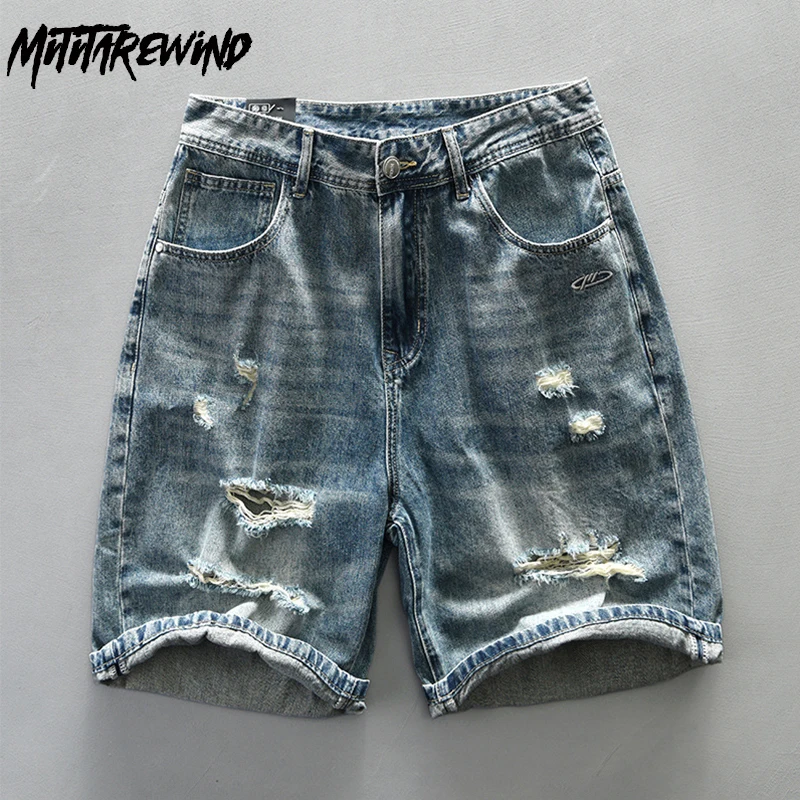 

High Street Ripped Denim Shorts Hommes Summer Causal Vintage Washed Blue Shorts Jeans Drawstring Baggy Shorts Youth Fashion Pant