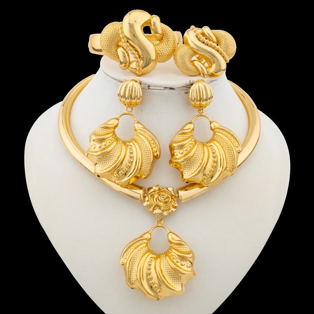 2297960-b97cdc.jpg S1e45477914454730809a5d2062024111g Dubai Gold Color Jewelry Set for Women Large Size Flower Pendant Necklace and Earrings Hollow Out Bangle Ring Set Bride African Mallzona