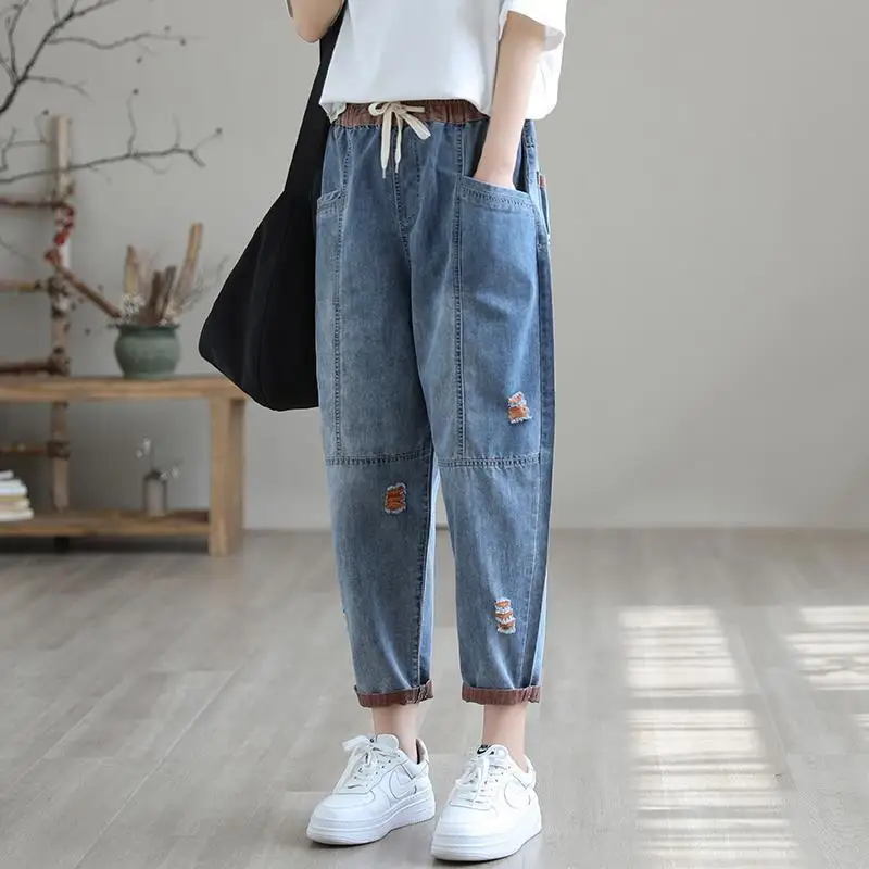 

Women's Ripped Ninth Jeans Spring Summer Harem Pants Loose Thin Elastic Waist Leisure Plus Size Retro Free Shipping Wholesale