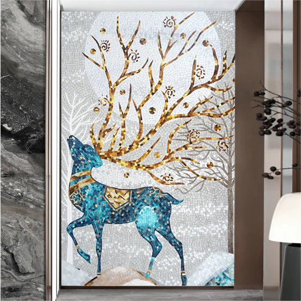 Hand cut deer pattern art  glass mosaic tile mural design for wall decorate ultra white glass white diamond silver diamond 13 crystal glass mosaic tile background wall bathroom wall adhesive self adhesive