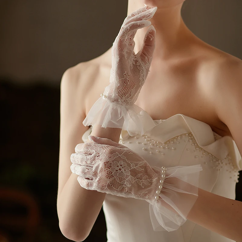 Wedding Bridal Short Lace Gloves Pearls Ruffle Edge Women Ladies Bride Bridesmaid Finger Wrist Handschuh