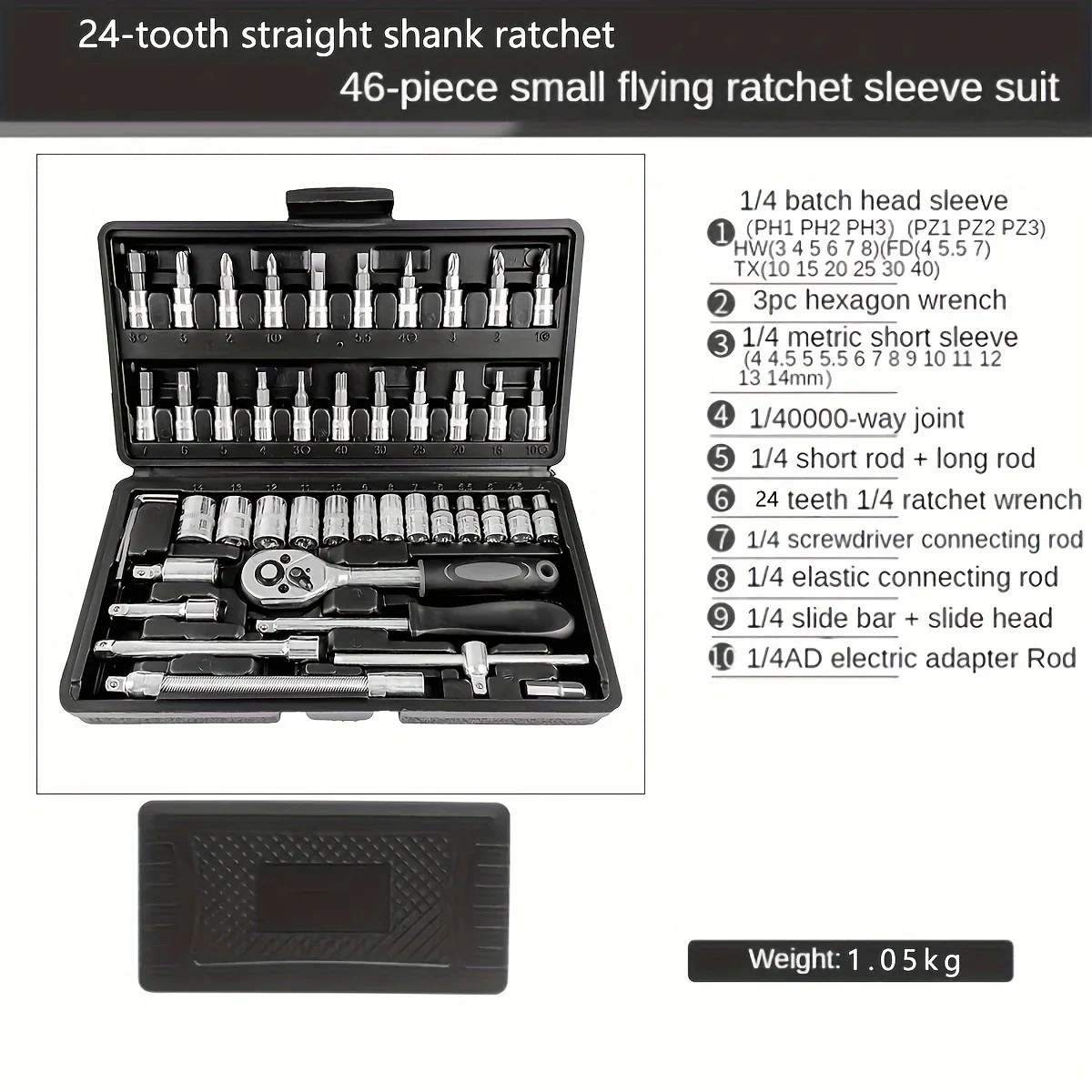 Description Picture 6 of item46-Piece 1/4-Inch Socket Wrench Set with Positioning Sockets Metric and Long Barsfor Automotive and Home Use  Storage Case