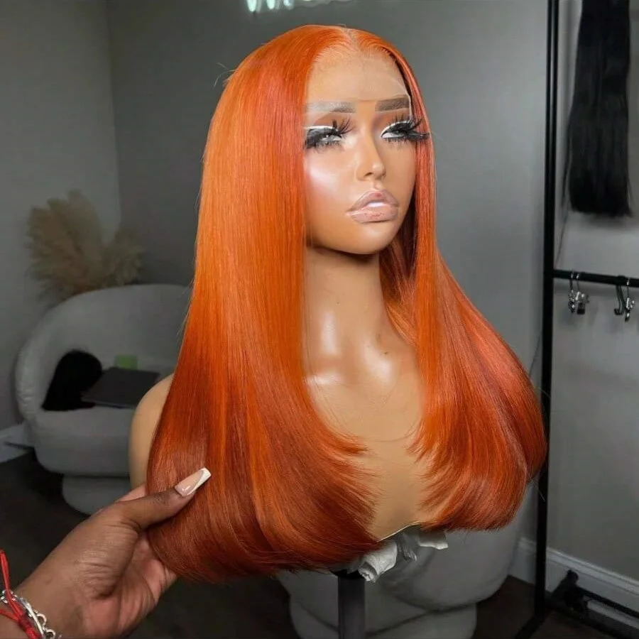 200% 34 Inch Straight Orange Ginger 13x4 Transparent Lace Frontal Wigs Human Hair For Women Pre Plucked With Baby Hair #350 2