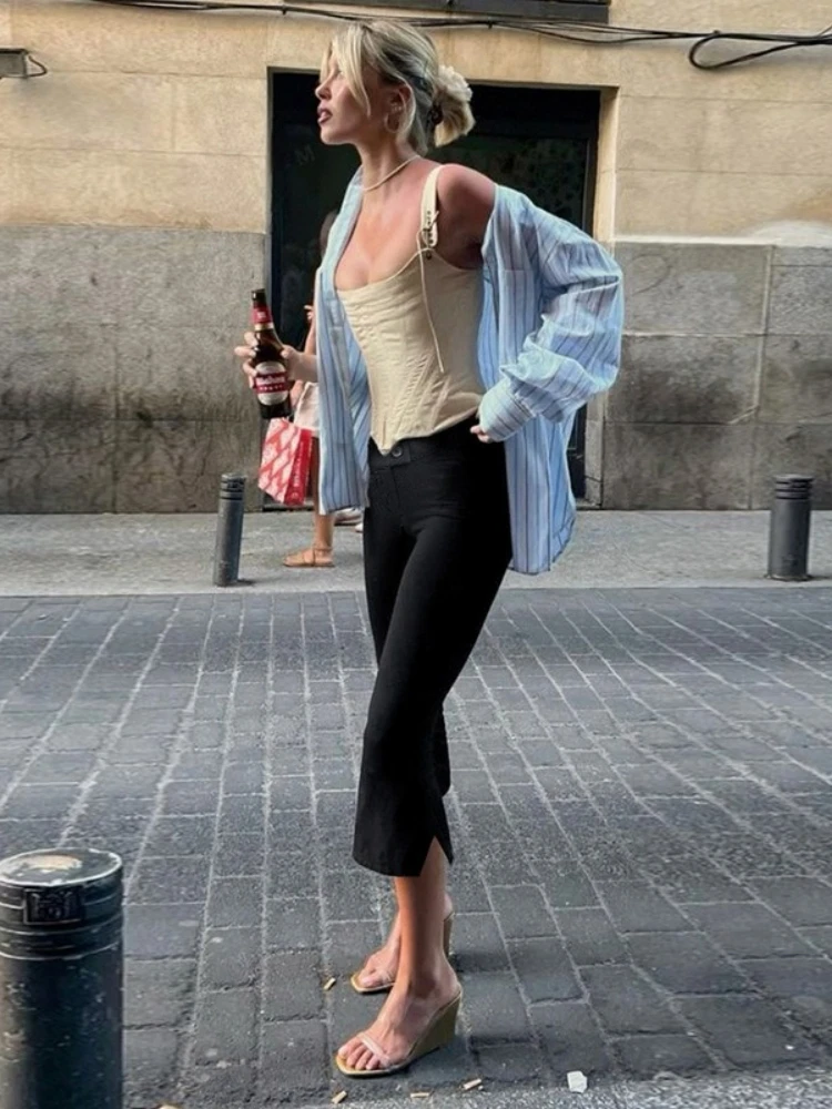 Black Capris Slight Flare Pants Women Y2k Clothes Slim Fit Trousers Pantalones De Mujer Zipper Roupa Feminino Streetwear - 4