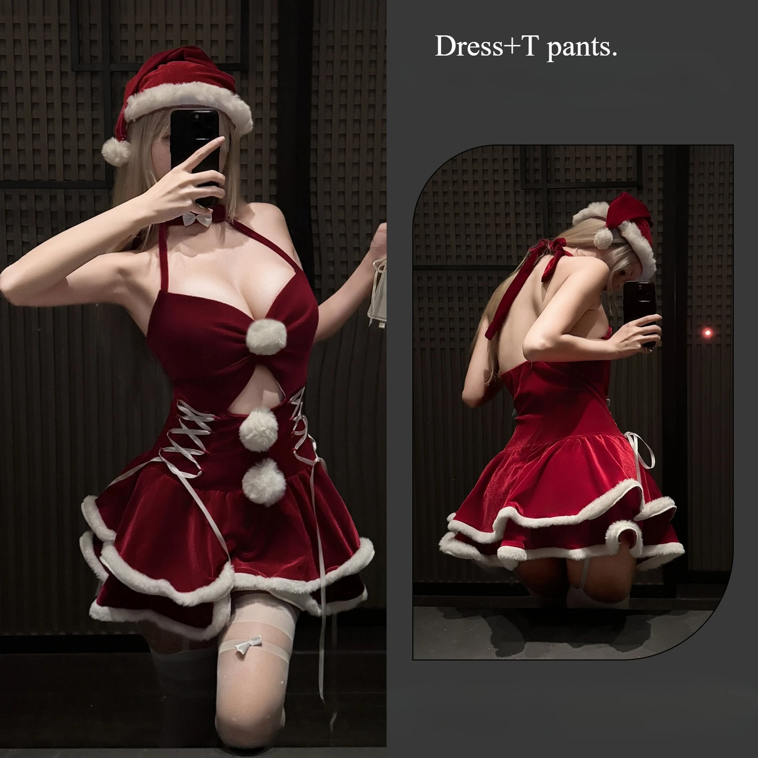 Sexy Christmas Costume Red Dress Cosplay Costume Santa Claus Bunny Girl Stage Perfermance Outfit Fancy Bow Deep V Dress Pretty、