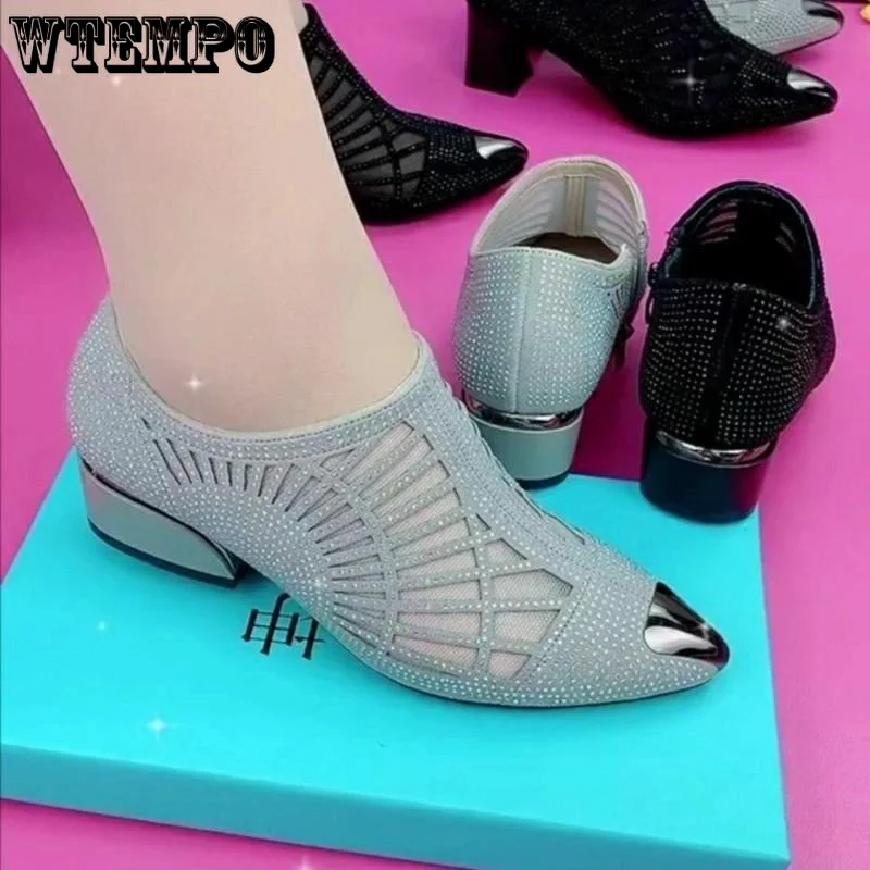 Soft Leather Mesh Sandals Hollow Water Diamond Pointed Toe Shallow Mouth Slip-on Low Heeled Women Boots Commuting Spring Autumn 6