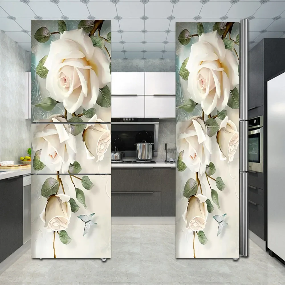 

Whtite Fridge Sticker Art Flower Kitchen Refrigerator Door Wrap Blue Line Wallpaper Accessories Modern Custom Size Wall Stickers