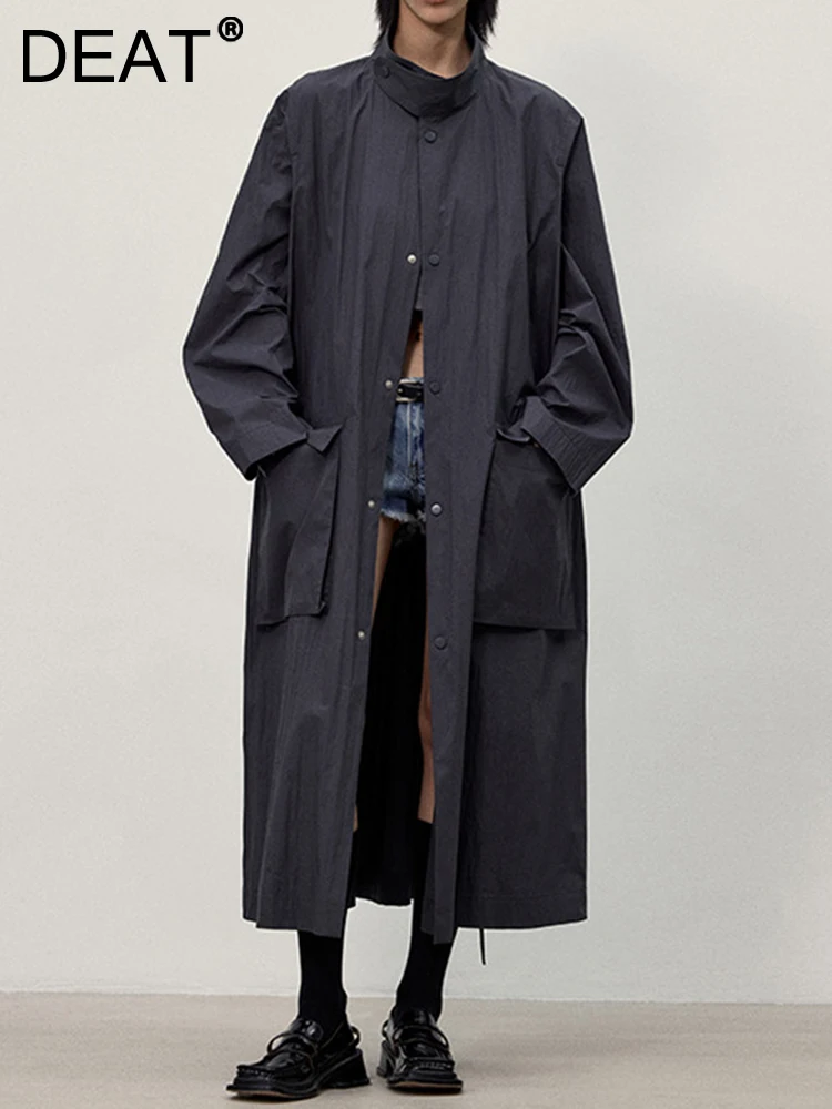 DEAT-Fashion-Women-s-Trench-Coat-Drawstring-Stand-Collar-Single-Breated ...