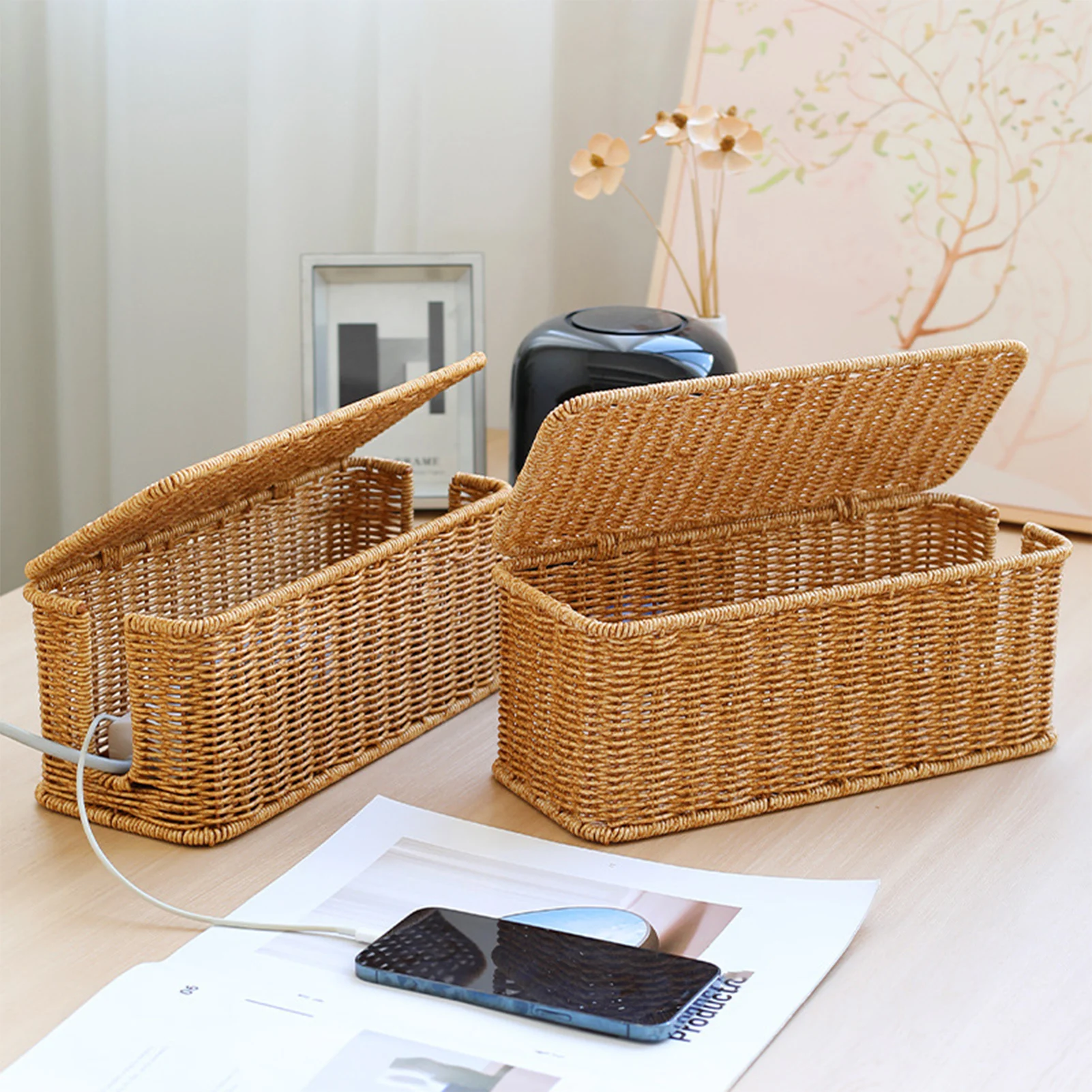 Hand-Woven Charging Station Storage Box Cable Management Basket for USB Cables Data Cables Organizer 5