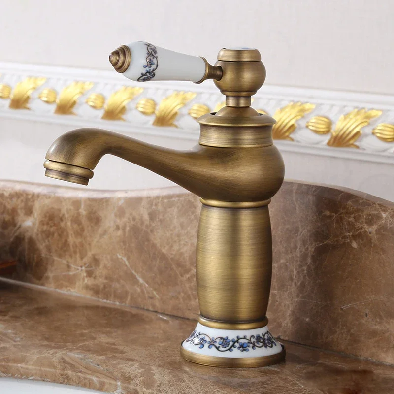 

Bathroom Basin Faucet Antique Bronze Brass Sink Lavatory Tap White Ceramic Tap Single Handle Cold Hot Water Mixer Tap Deck Mount