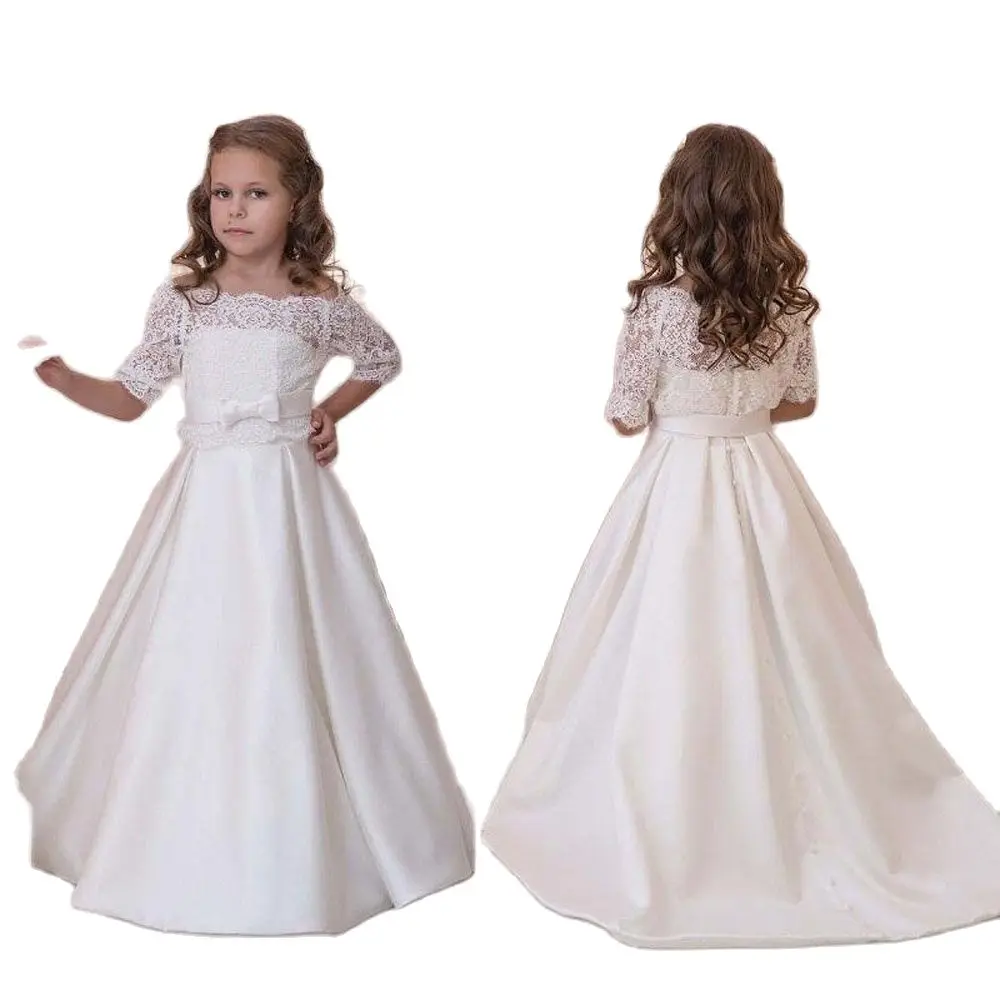 

Elegant Flower Girl Dress for Wedding with Half Sleeves Lace Strapless A Line Ivory Satin Children Dresses Bow Ball Gown