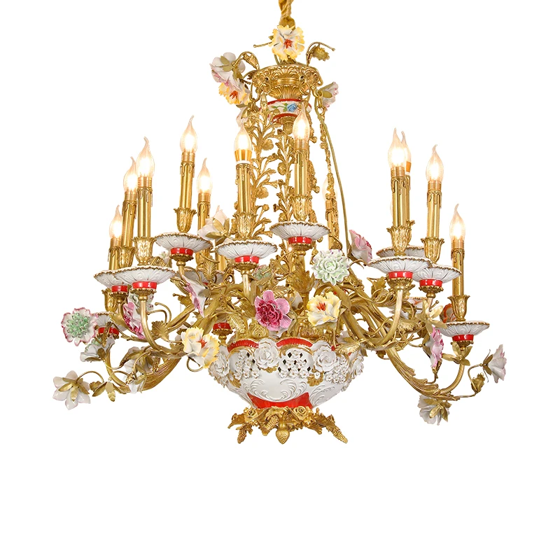 

French Pendant Light European Luxury Copper Lamp Living Room Dining Room Villa Garden Brass Ceramic Flower Romantic Chandelier