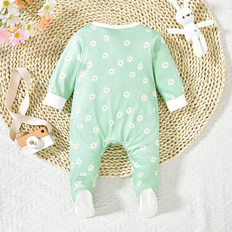 Pudcoco Infant Newborn Baby Girls Footies, Long Sleeve Crew Neck Zip Closure Flower Print Fall Jumpsuit Clothes 0-18M