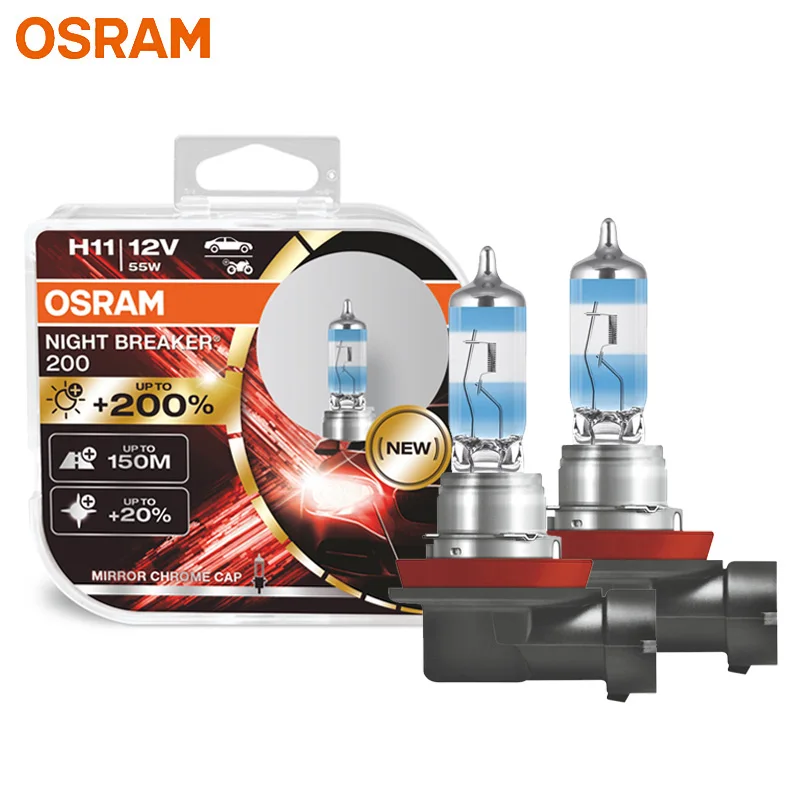 Osram Night Breaker 200 H11 Faro Alogeno Per Auto + 200% In Più Di Luminosità Lampadine Originali 12V 55W Made In Germany Muslimah, 2 Pezzi