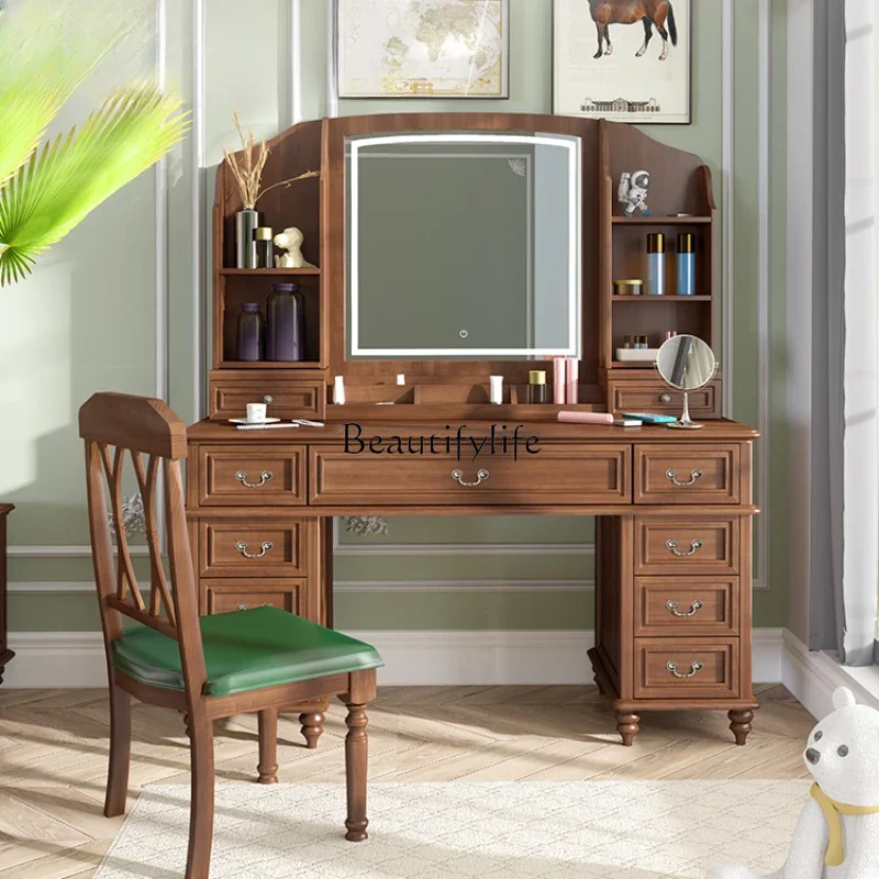 

American-Style Solid Wood Dressing Table Bedroom Large Size Large Mirror with Light Multifunctional Storage Makeup Table