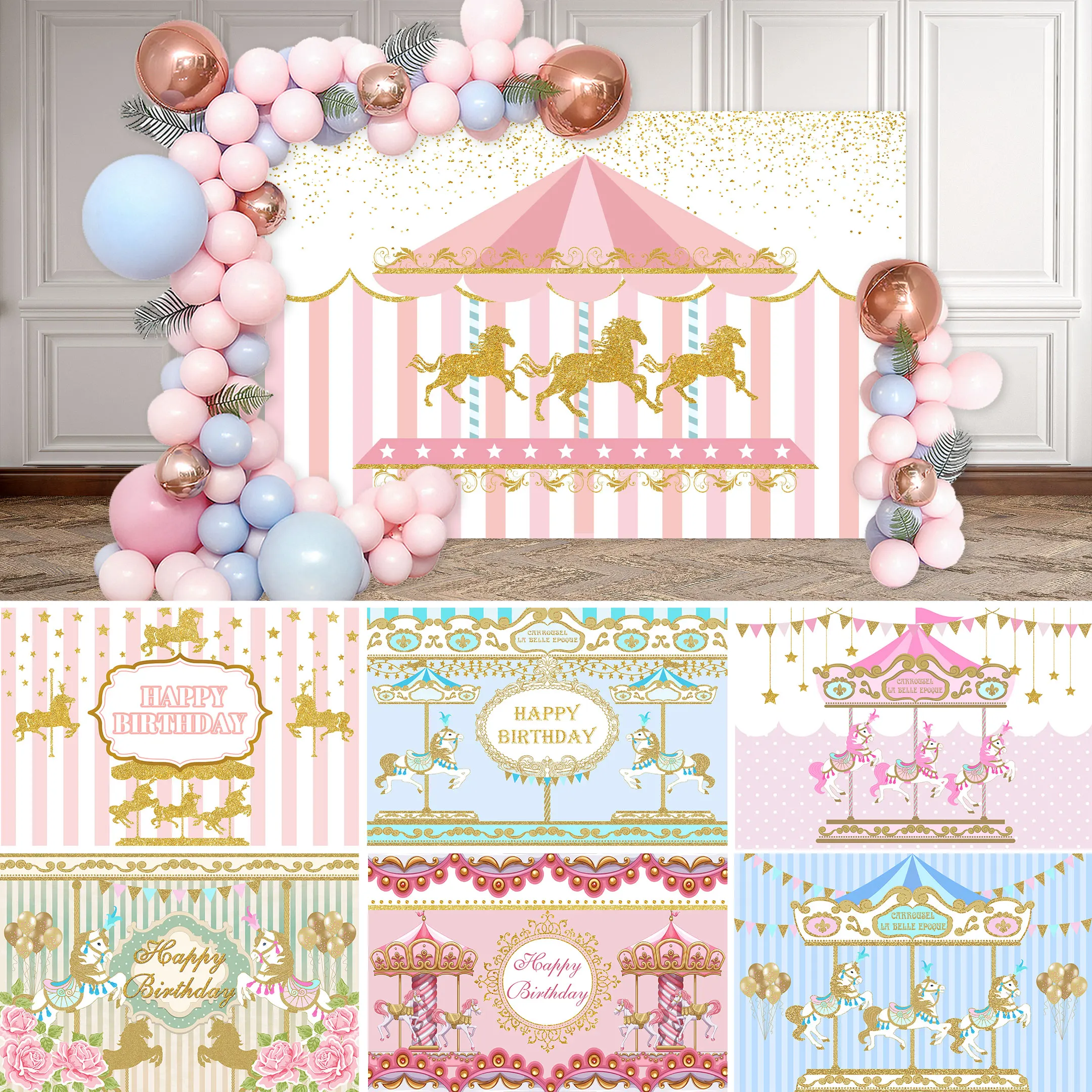Neoback Carousel Horse Birthday Background Circus Photography Baby Pink Party Decor Sfondo Photocall Photophone Fotografico