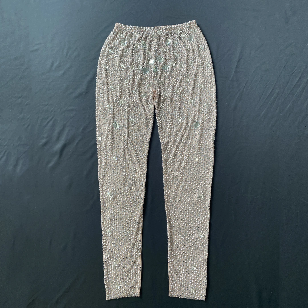 Trending Fashion Crystal Diamond Pants Sexy Women See Through Leggings Nightclub Performance