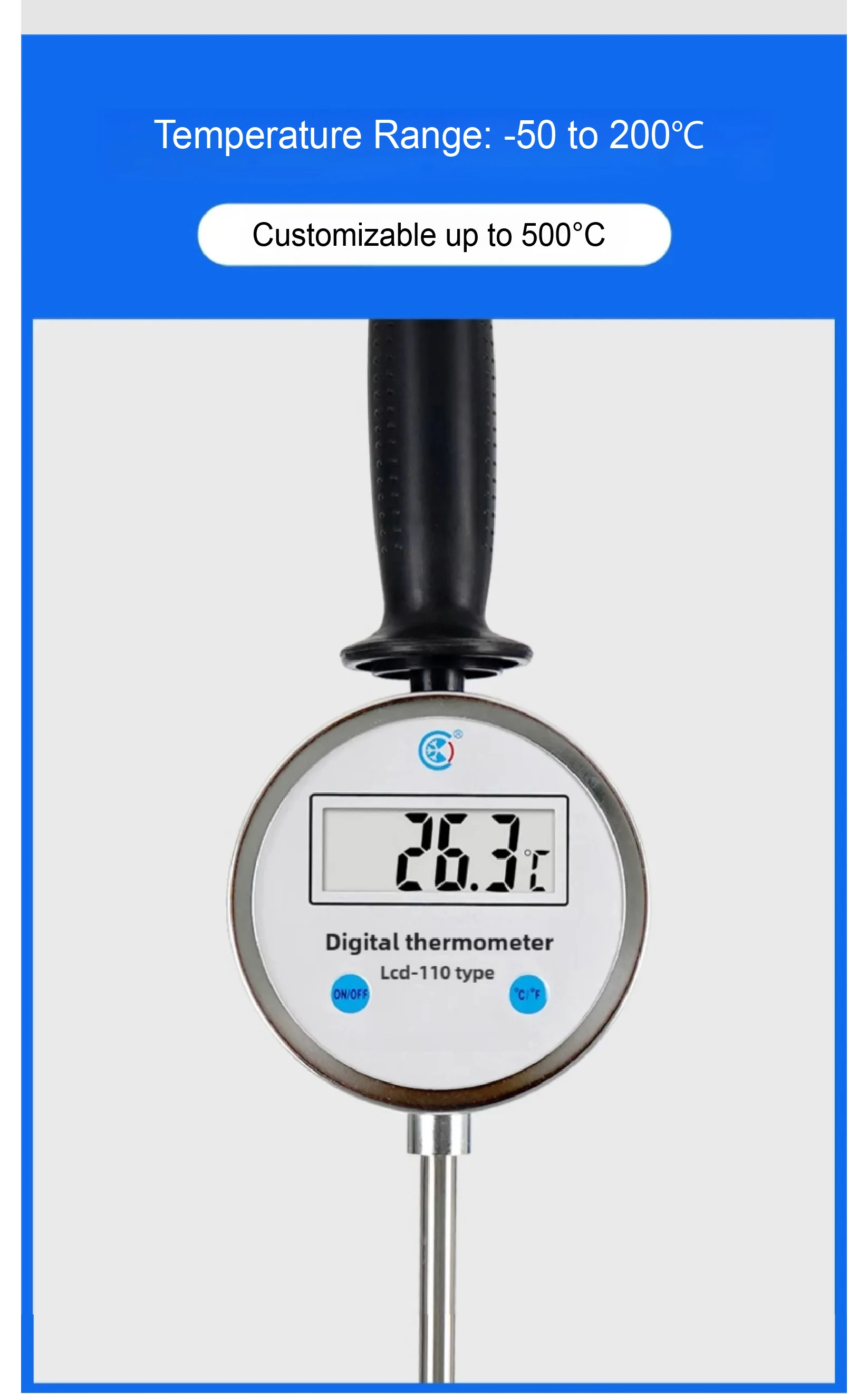 Handheld Digital Thermometer with Pointed Stainless Steel Probe –50 to 200℃ for