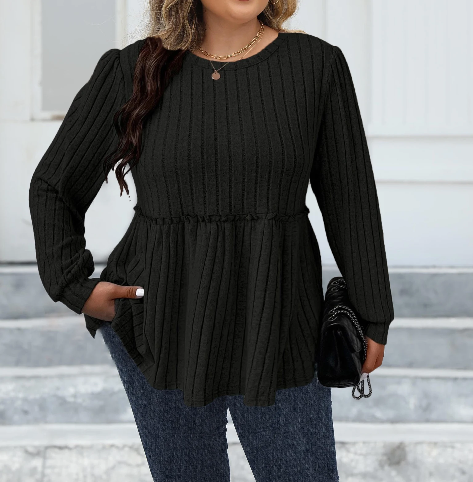 2024 Plus Size New autumn and winter pleated round neck solid color casual fashion long sleeved top 1