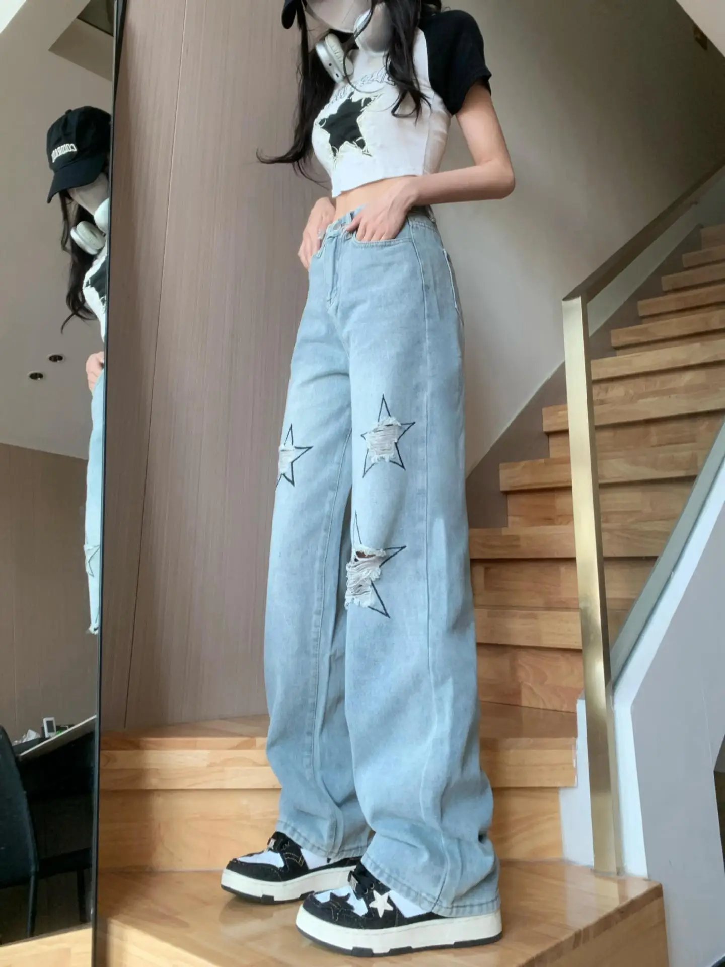 CGC Korean Fashion Woman Ripped Jeans High Waist Wide Leg Denim Pants Casual Straight Woman Trousers Retro y2k Baggy Jeans