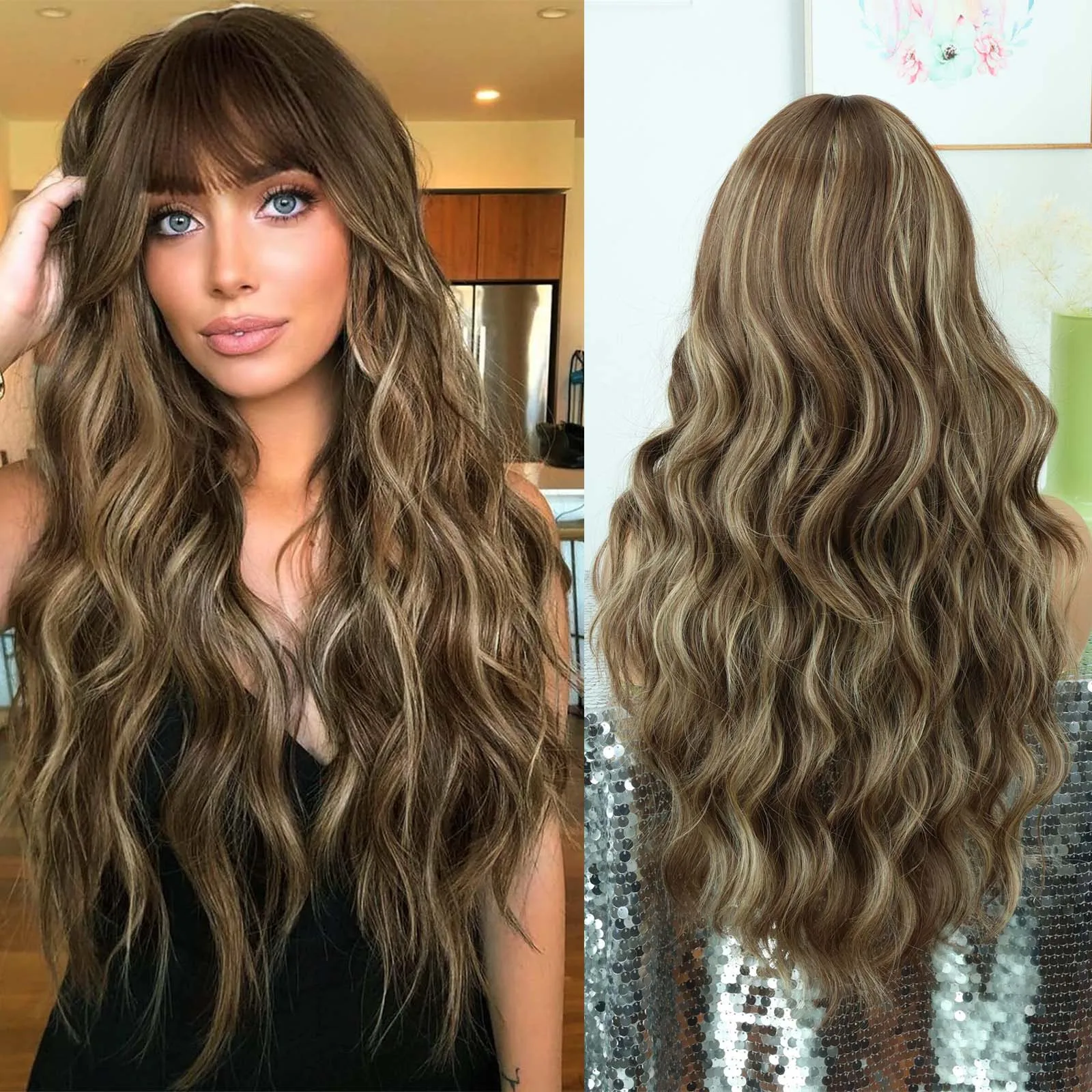 

26inch Ombre Blonde Wig with Bangs Long Wavy Wigs with Dark Roots Synthetic Heat Resistant Fibre Wigs for Women Curly Wig