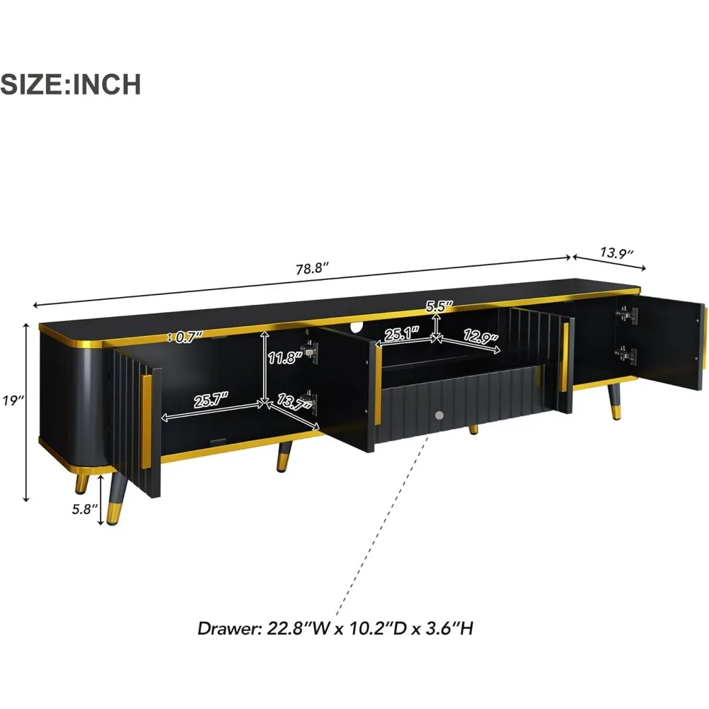 TV Stand for 85"+ TV, Entertainment Center with Storage Drawer & Cabinets & Shelves, Curved TV Console with Gold Metal Legs 5