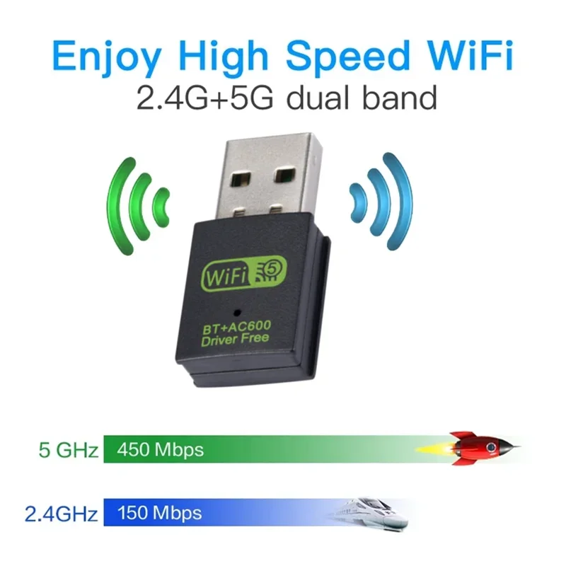 600Mbps USB WiFi 블루투스 5.0 어댑터 동글 듀얼 밴드 2.4G/5GHz 150Mbps USB WiFi 네트워크 무선 Wlan 수신기 드라이버 무료