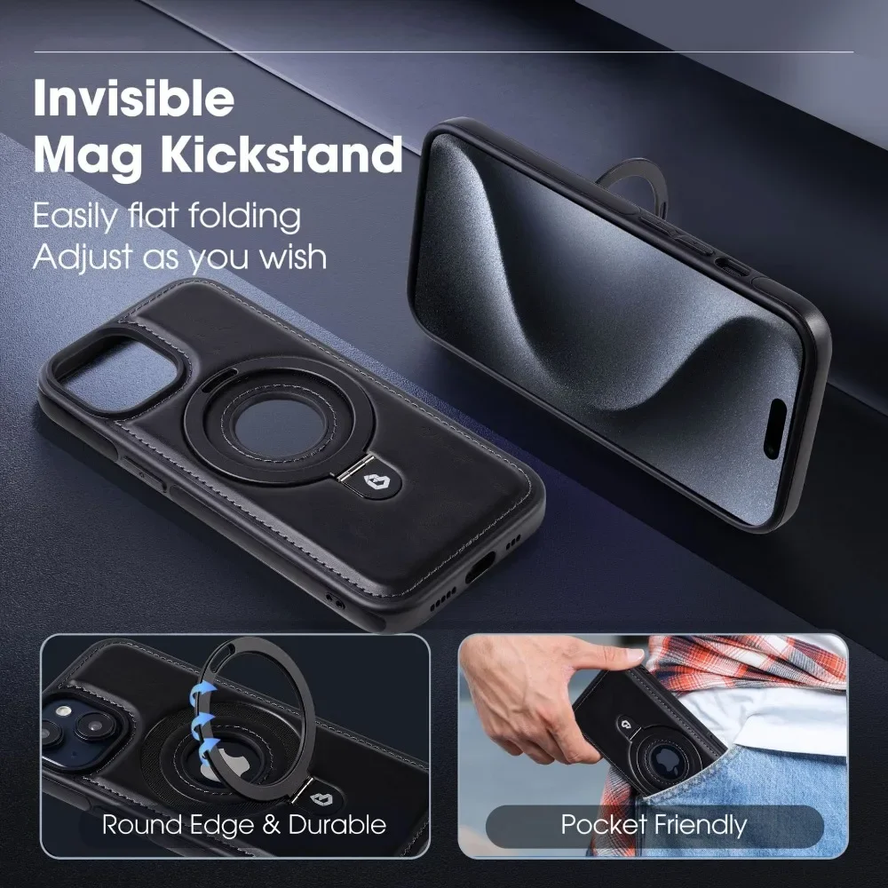 Magnetic Ring Holder Kickstand with Shockproof Leather Cover and Logo Hollow Design