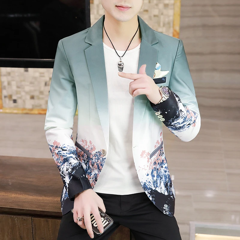 Autumn New Print Fashion Handsome Fashion Fashion Banquet Boutique  Korean Version Slim Casual Single West  Men Blazer Slim Fit 2