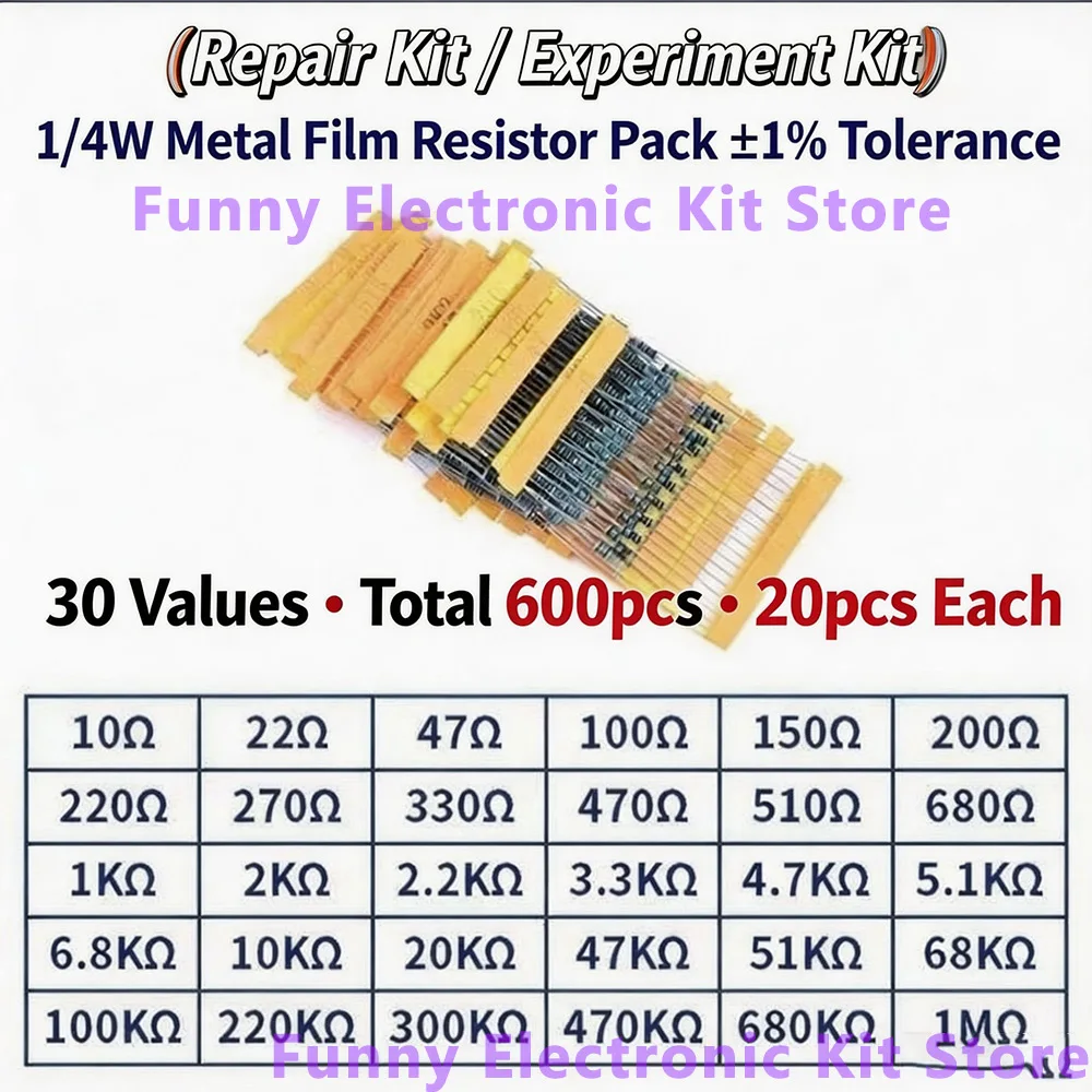 600 Pcs Assorted Metal Film Resistor Kit 30 Values 1/4W Resistance 1ohm-10Mohm 1% Tolerance for Electronics Projects 4
