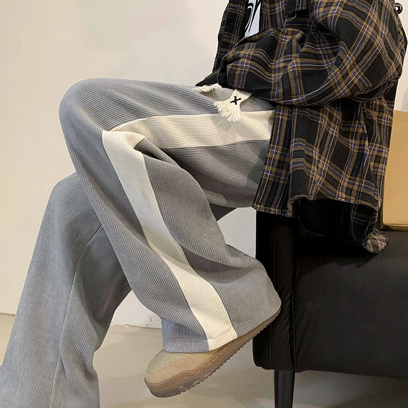 

Hybskr Corduroy Fabric Casual Sweatpants Men's Loose Fashion Side Stripe Straight Sagging Wide Leg Pants Street Trousers