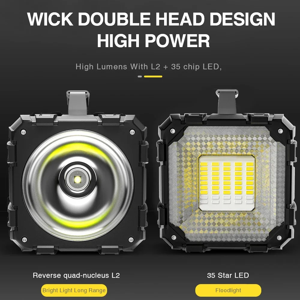 P70 LED High Power Flashlight Rechargeable Double Head Searchlight Handheld Floodlight Work Spotlight for Fishing Camping Hiking