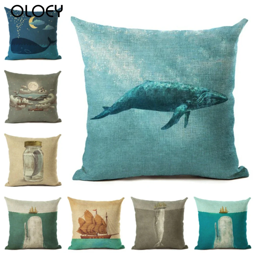 

Nordic Style Cotton Linen Cushion Cover Ocean Whales Home Pillow Case Home Sofa Square Pillows Cover 45x45cm