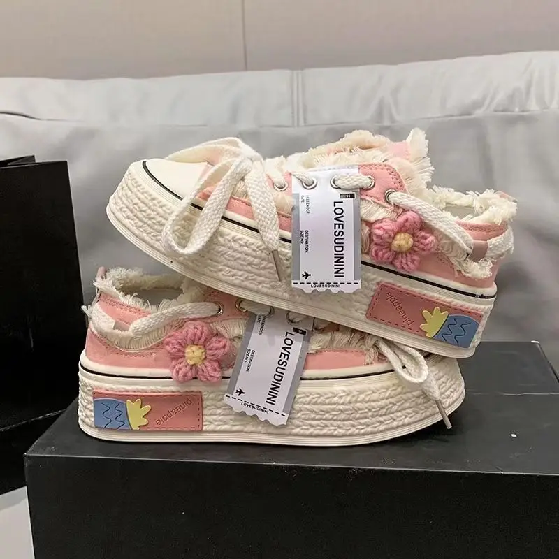 Classic Womens Style Breathable Floral Canvas Shoes Autumn Thick Platform All-match Student Sneakers Zapatillas Mujer