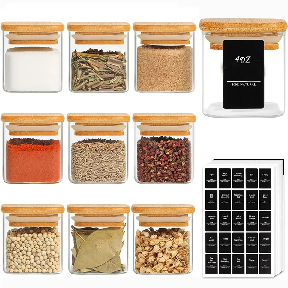 Set Di 24 Barattoli Per Spezie Rettangolari In Vetro Con Coperchio In Bambù – 120 Ml Con Etichette, Inserti E Imbuto – Organizer Da Cucina - 2