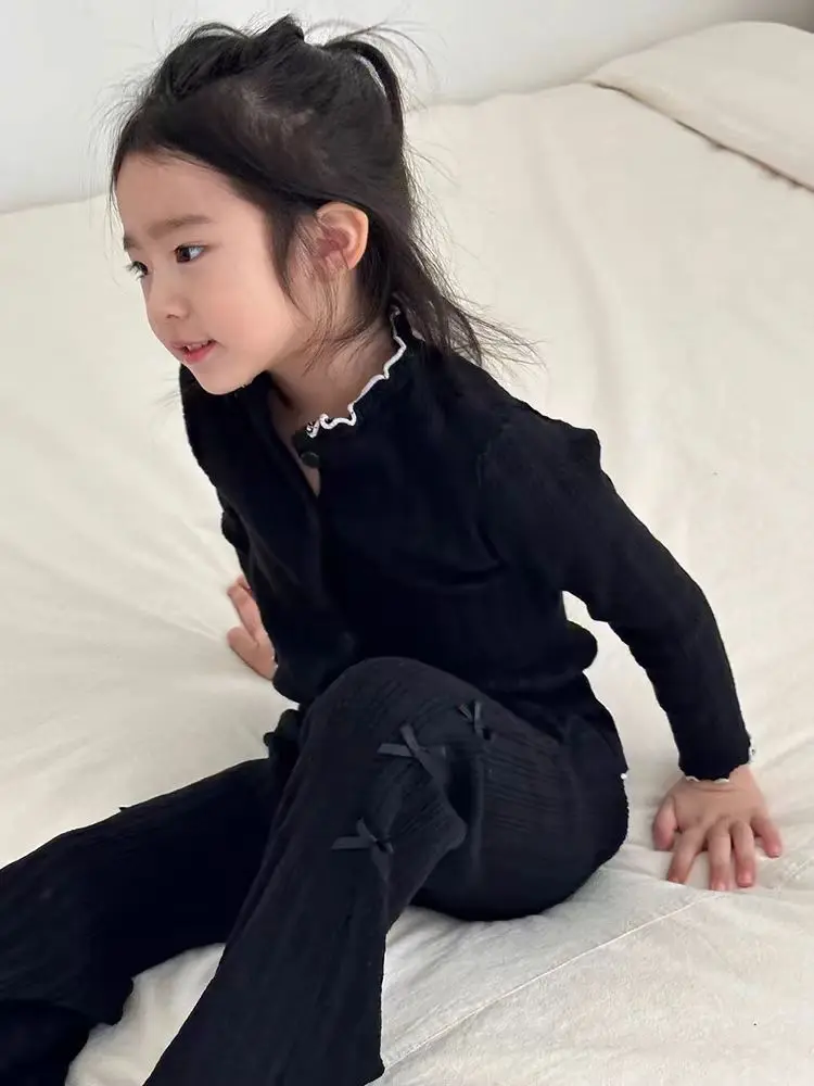 여아용 긴팔 의류 세트,  골지 가디건 코트 및 활 플레어 바지, 세트 어린이 캐주얼 의상, 2024 용수철 신제품, 2 개