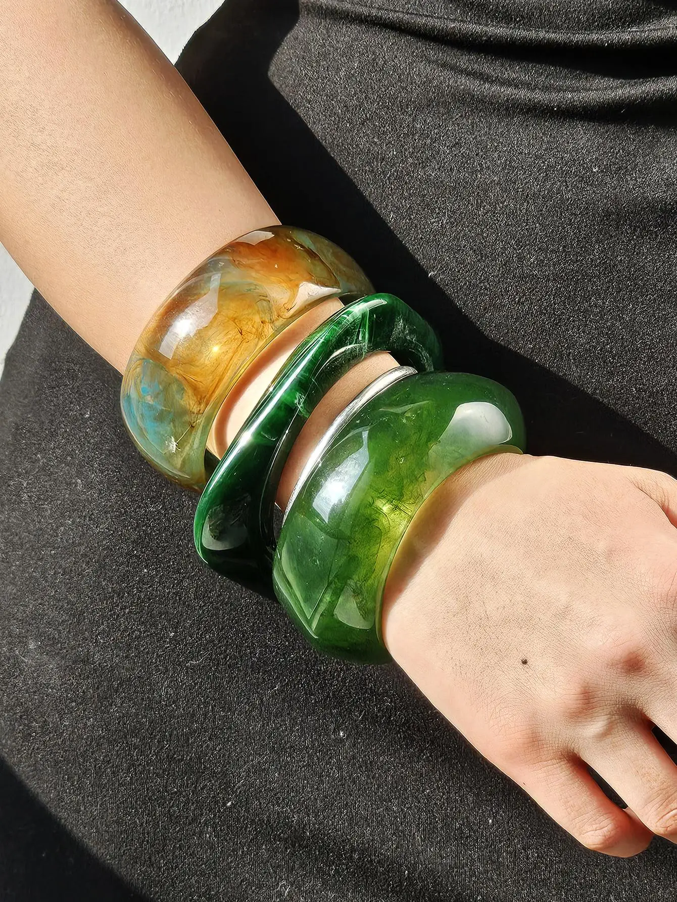 Resin Bracelet Retro Geometric Irregular Square Green Smudge Chunky for Women Girl Vintage Bangle