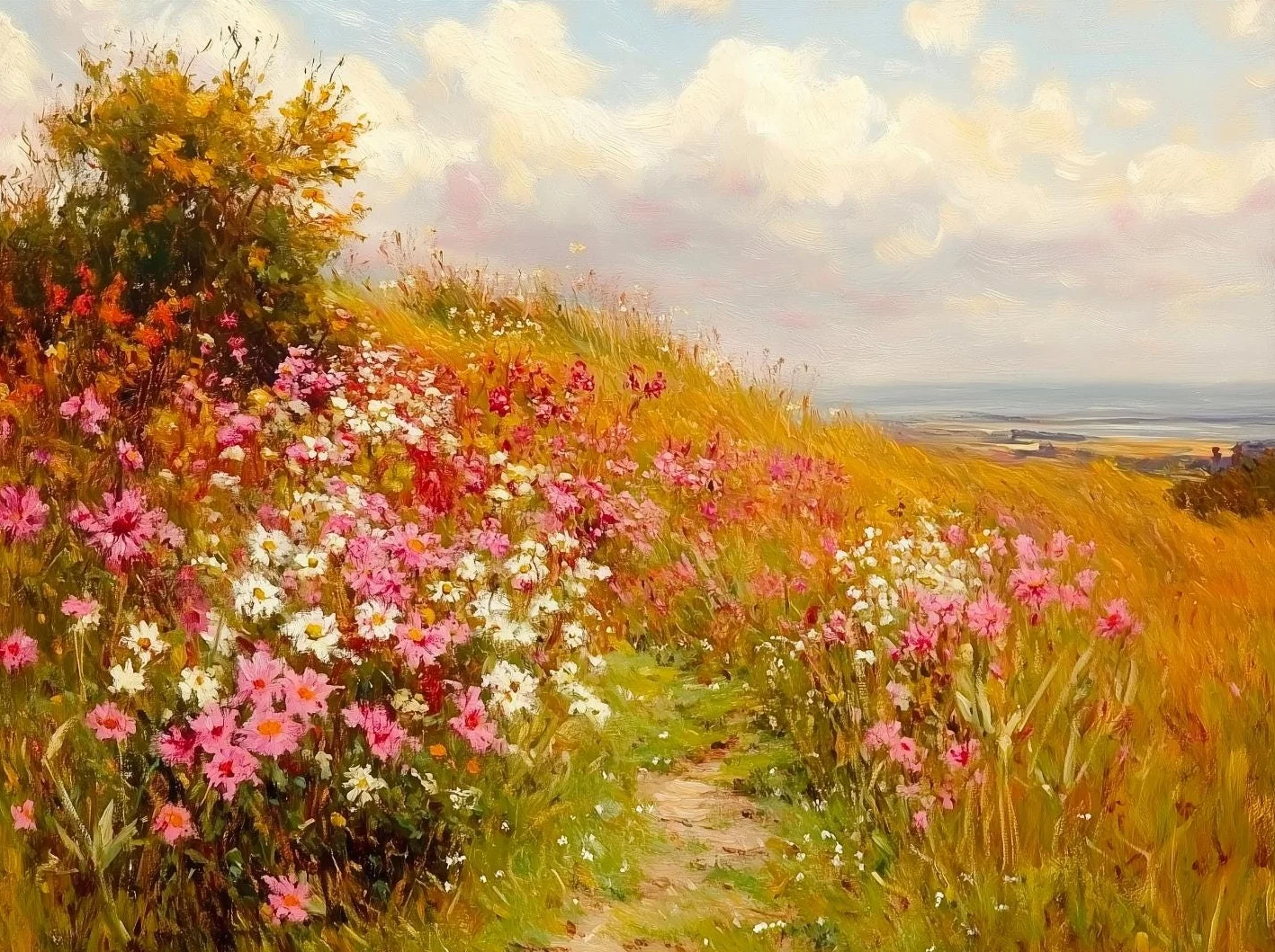 Moody Autumn Wildflower Landscape Canvas Print – Vintage Rustic Country Scenery Wall Art Decor
