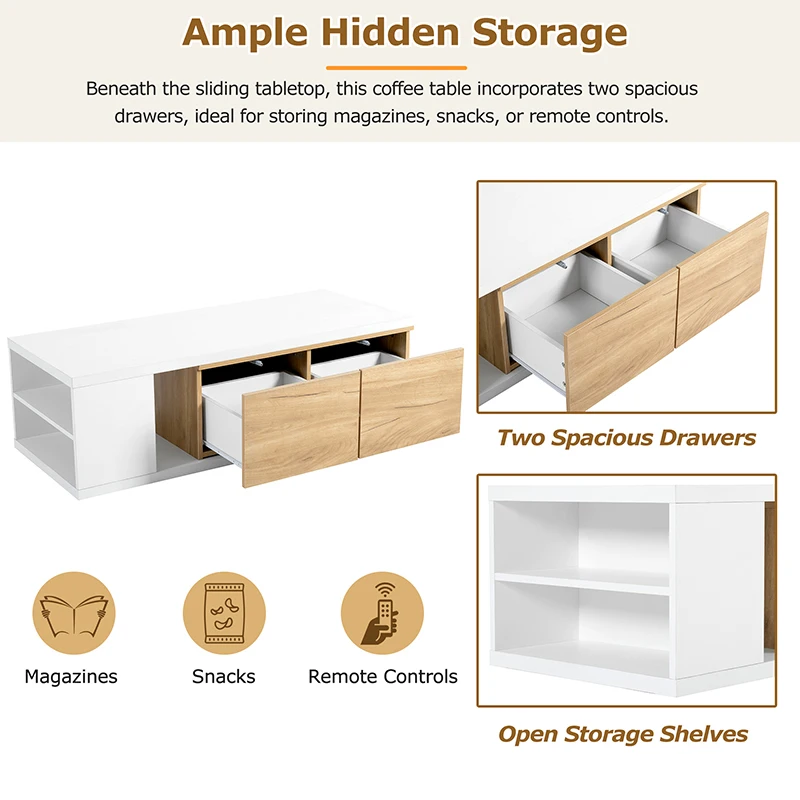 Extendable Coffee Table with 2 Storage Drawers,Center Table with Sliding Tabletop, Multi-functional Hidden Storage Sofa