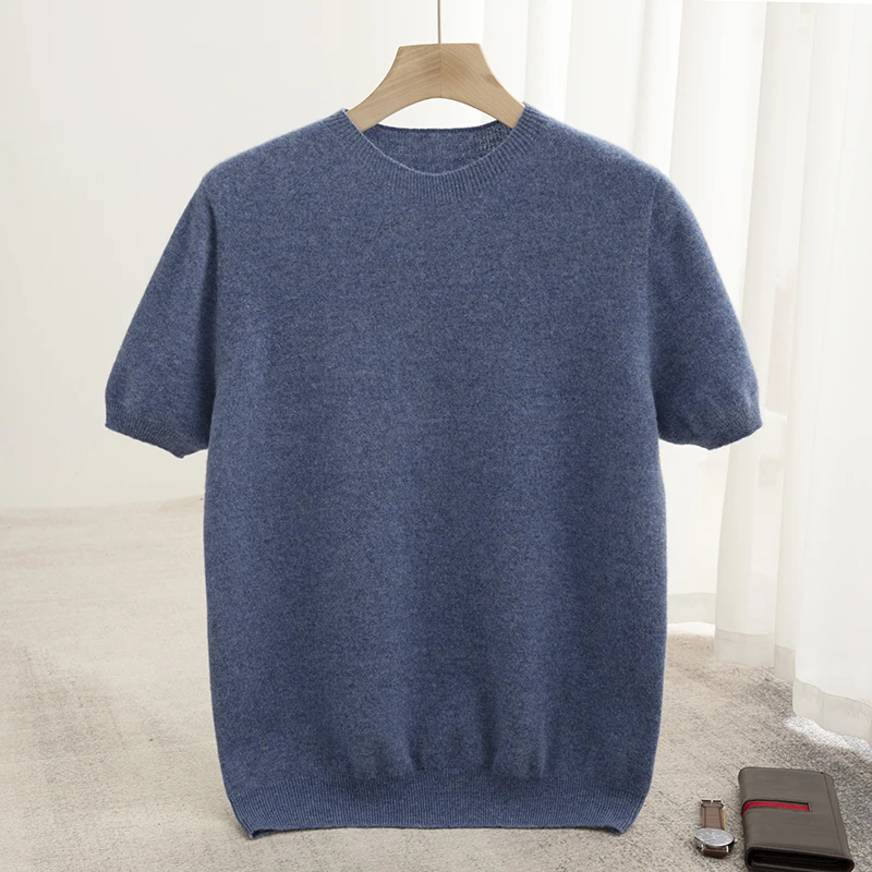 Spring Summer Men's Short Sleeved Pure Wool T-Shirt Sweater O-neck Solid Color Loose Pullover Knitted Sweater Casual Top 3