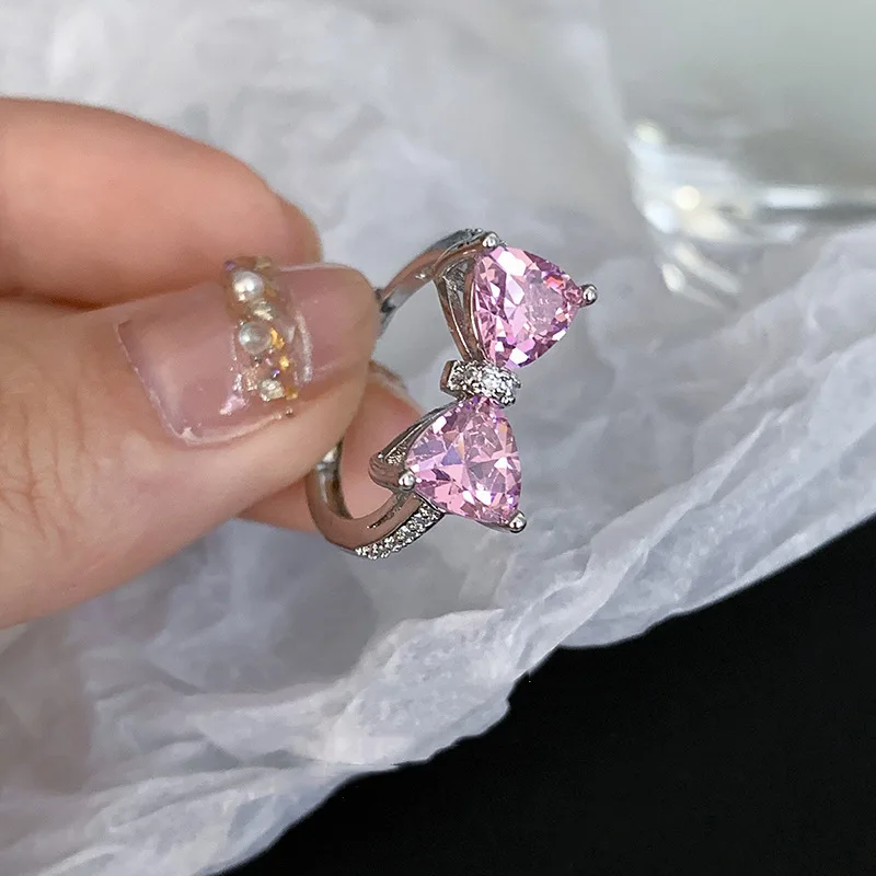 Y2K Pink Crystal Bowknot Zircon Rings for Women Fashion Sweet Lovely Girl Open Adjustable Ring Kpop Party Jewelry Gift 2023